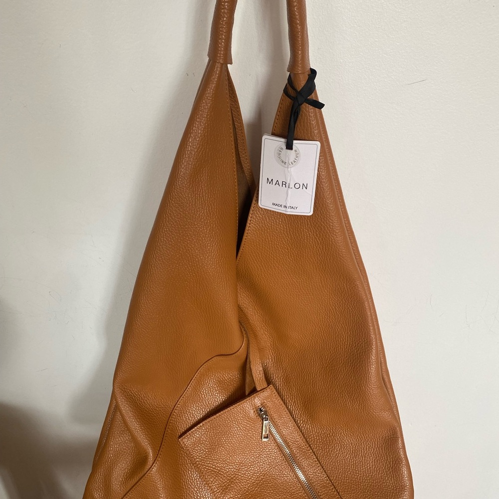 Camel Leather Hobo Bag with Geometric Shape